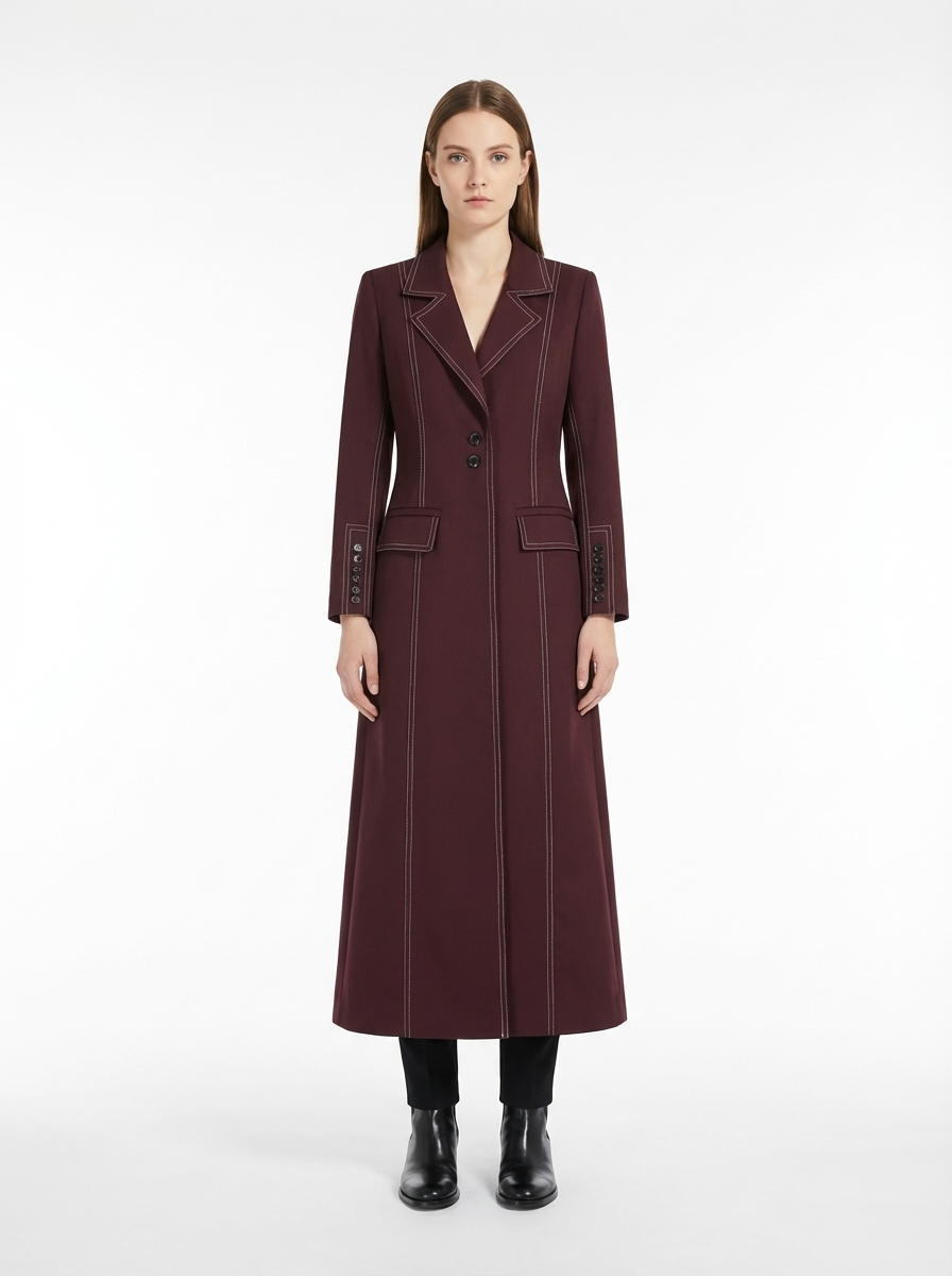 LadyLuxury | Heritage Burgundy Tailored Long Coat with Contrast Topstitching