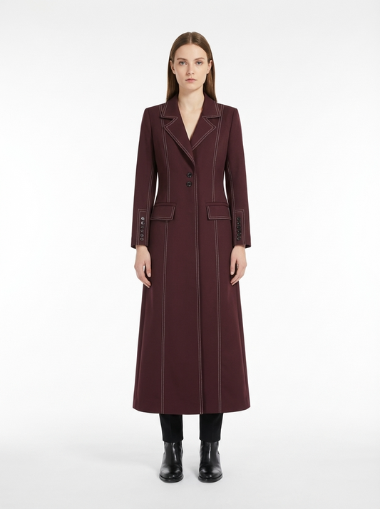 LadyLuxury | Heritage Burgundy Tailored Long Coat with Contrast Topstitching