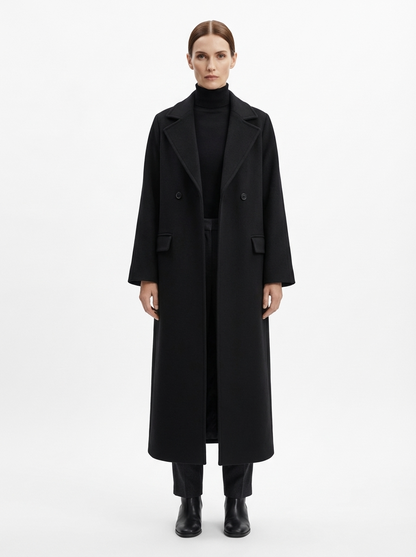 LadyLuxury | Minimalist Wool Blend Longline Overcoat in Midnight Black
