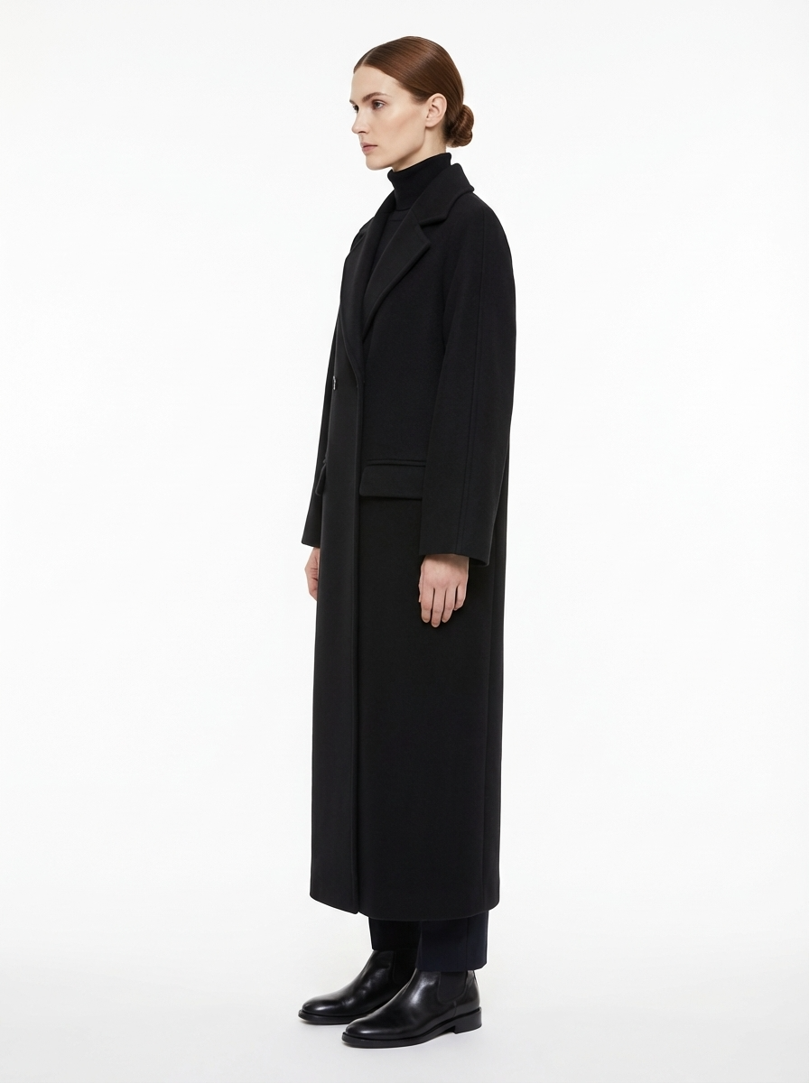 LadyLuxury | Minimalist Wool Blend Longline Overcoat in Midnight Black