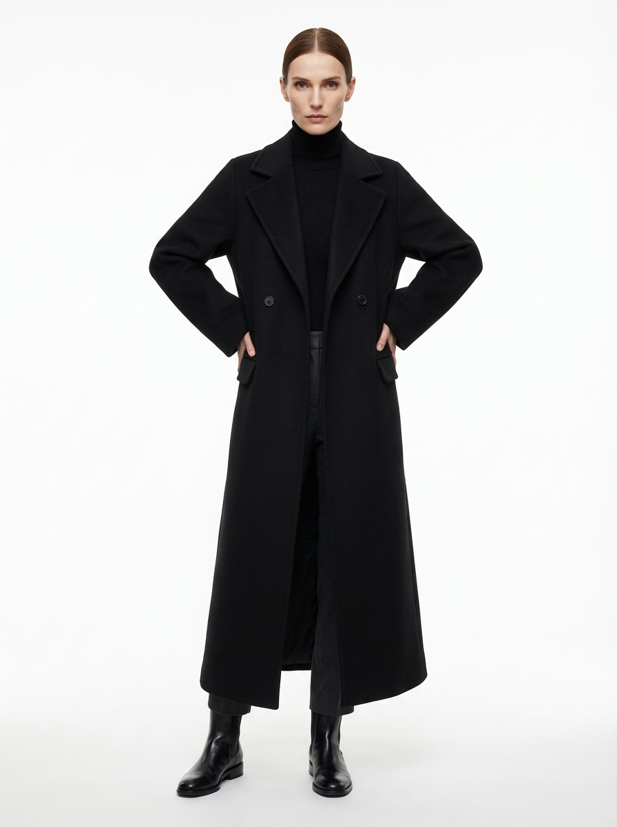 LadyLuxury | Minimalist Wool Blend Longline Overcoat in Midnight Black