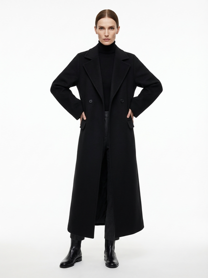 LadyLuxury | Minimalist Wool Blend Longline Overcoat in Midnight Black