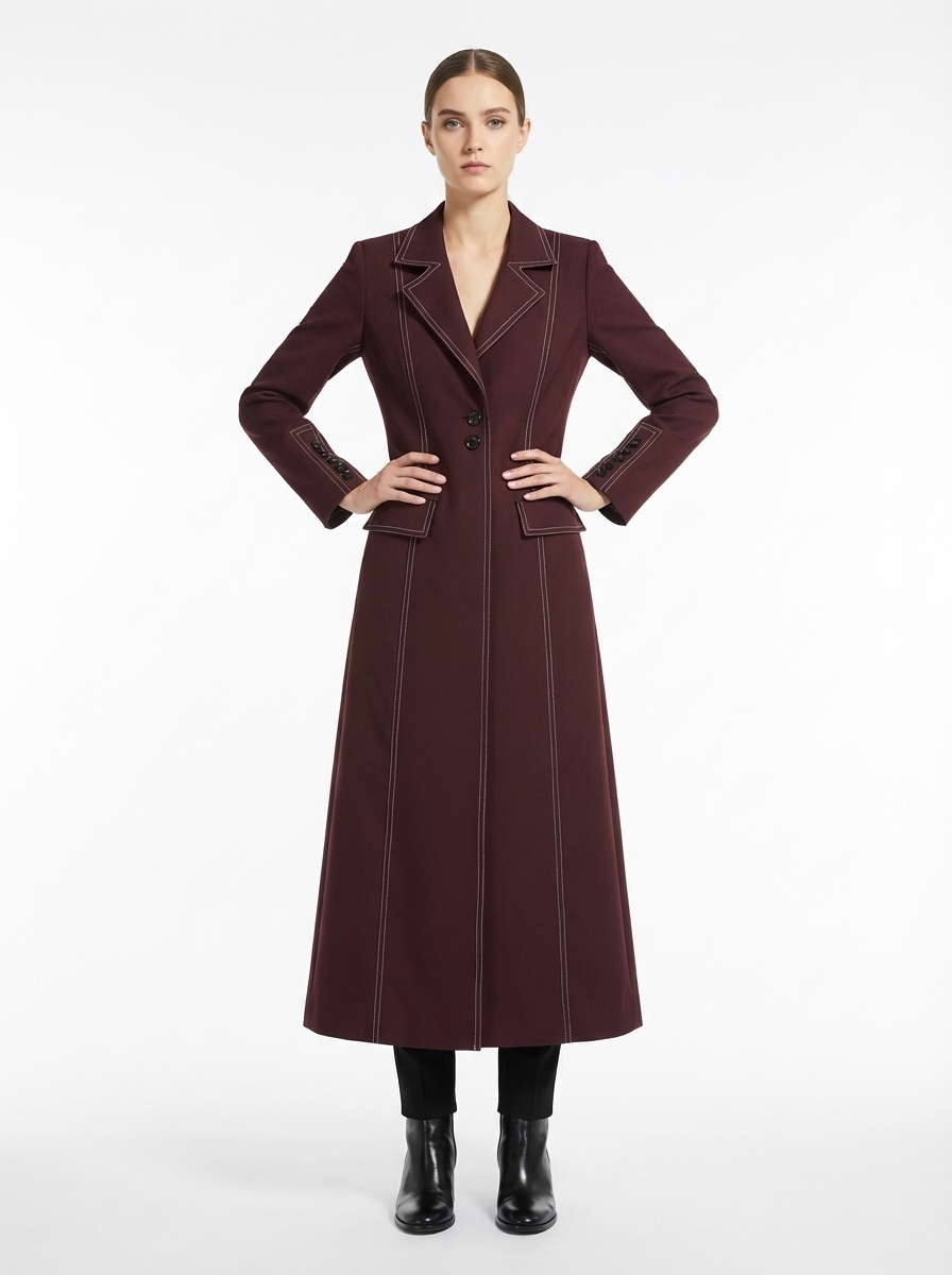LadyLuxury | Heritage Burgundy Tailored Long Coat with Contrast Topstitching