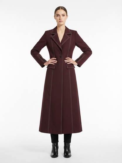 LadyLuxury | Heritage Burgundy Tailored Long Coat with Contrast Topstitching