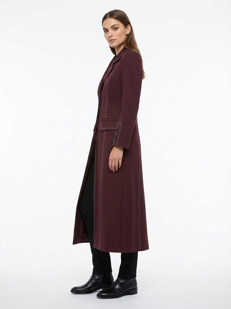 LadyLuxury | Heritage Burgundy Tailored Long Coat with Contrast Topstitching