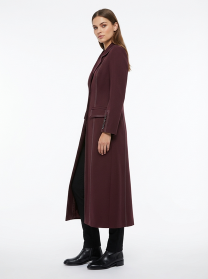 LadyLuxury | Heritage Burgundy Tailored Long Coat with Contrast Topstitching