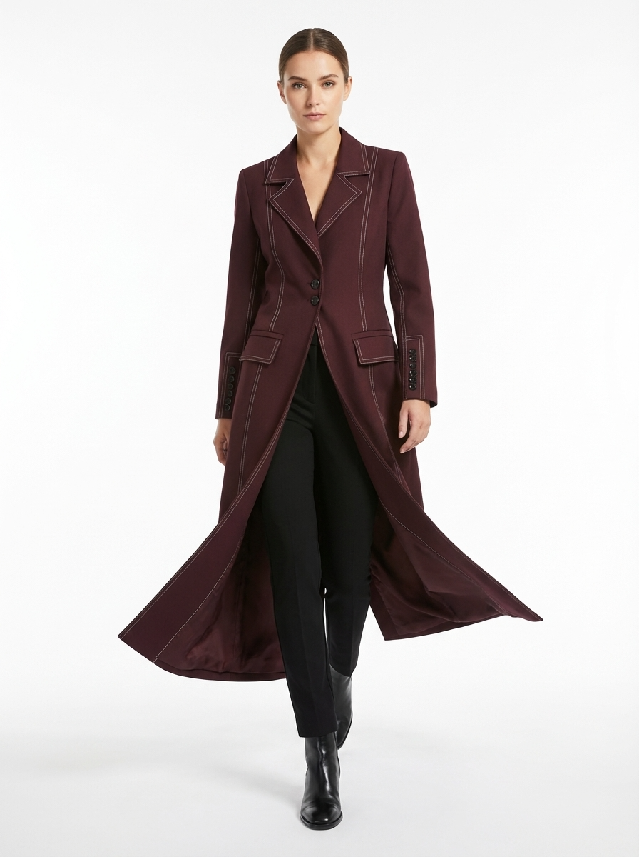 LadyLuxury | Heritage Burgundy Tailored Long Coat with Contrast Topstitching