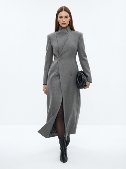 LadyLuxury | Architectural Wool Blend Long Coat - Structured Gray Overcoat