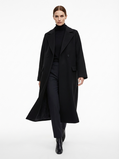 LadyLuxury | Minimalist Wool Blend Longline Overcoat in Midnight Black