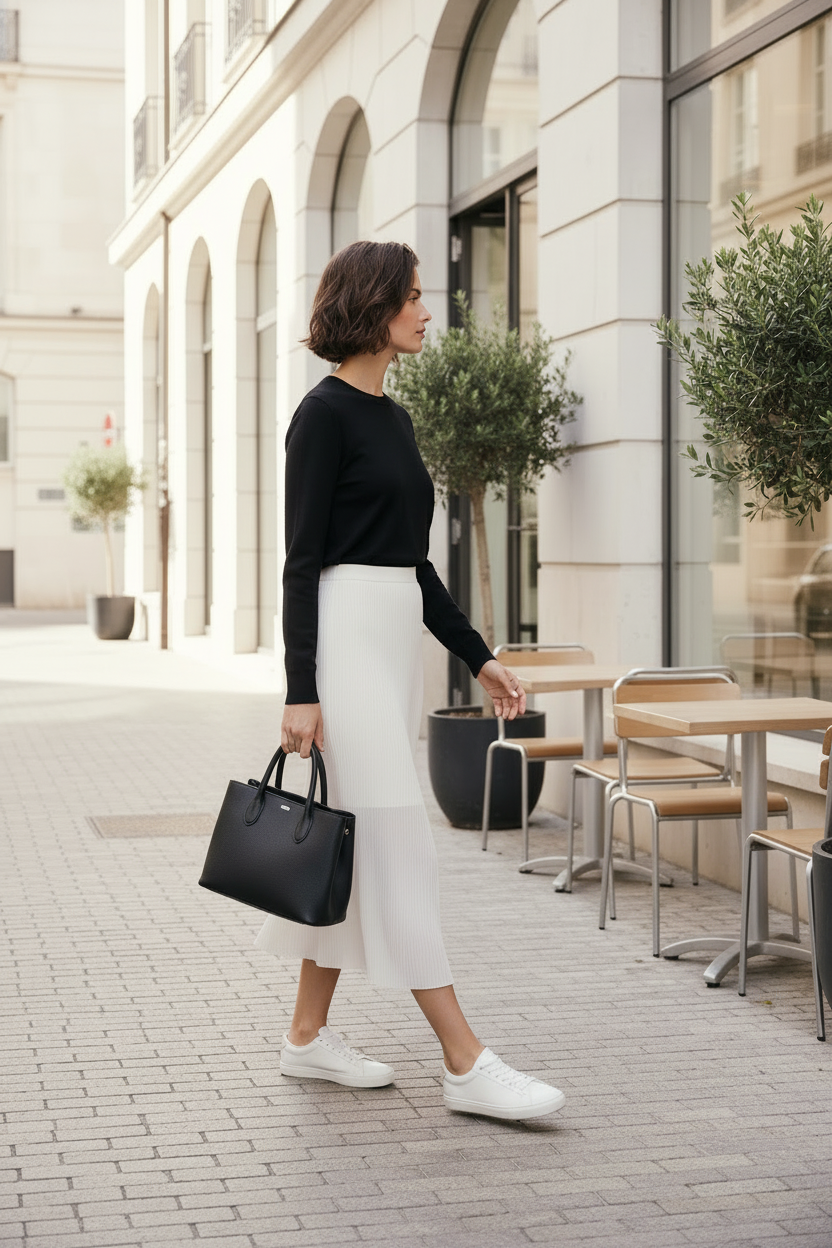 Woman walking on a city street holding a black handbag.