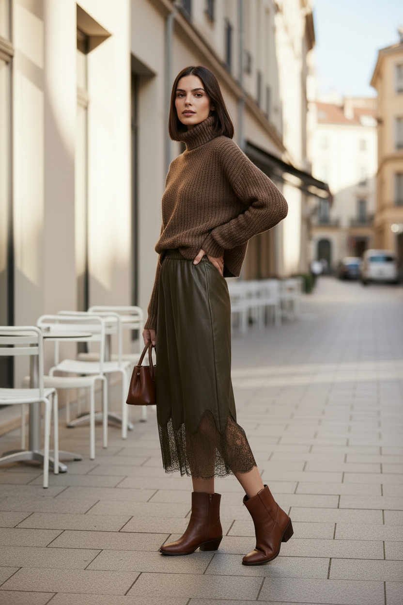 Woman in a brown sweater and green skirt standing on a city street.