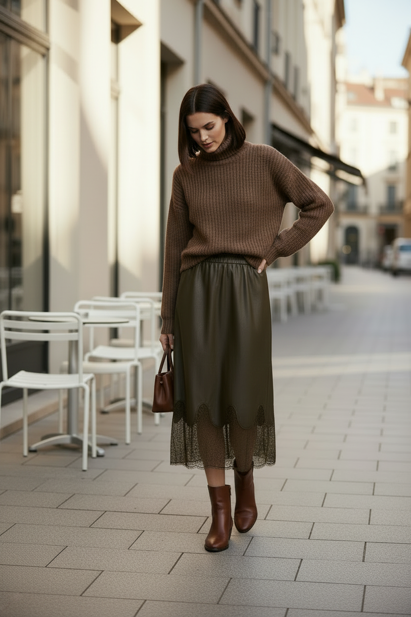 Woman in a brown sweater and green skirt walking on a city street.