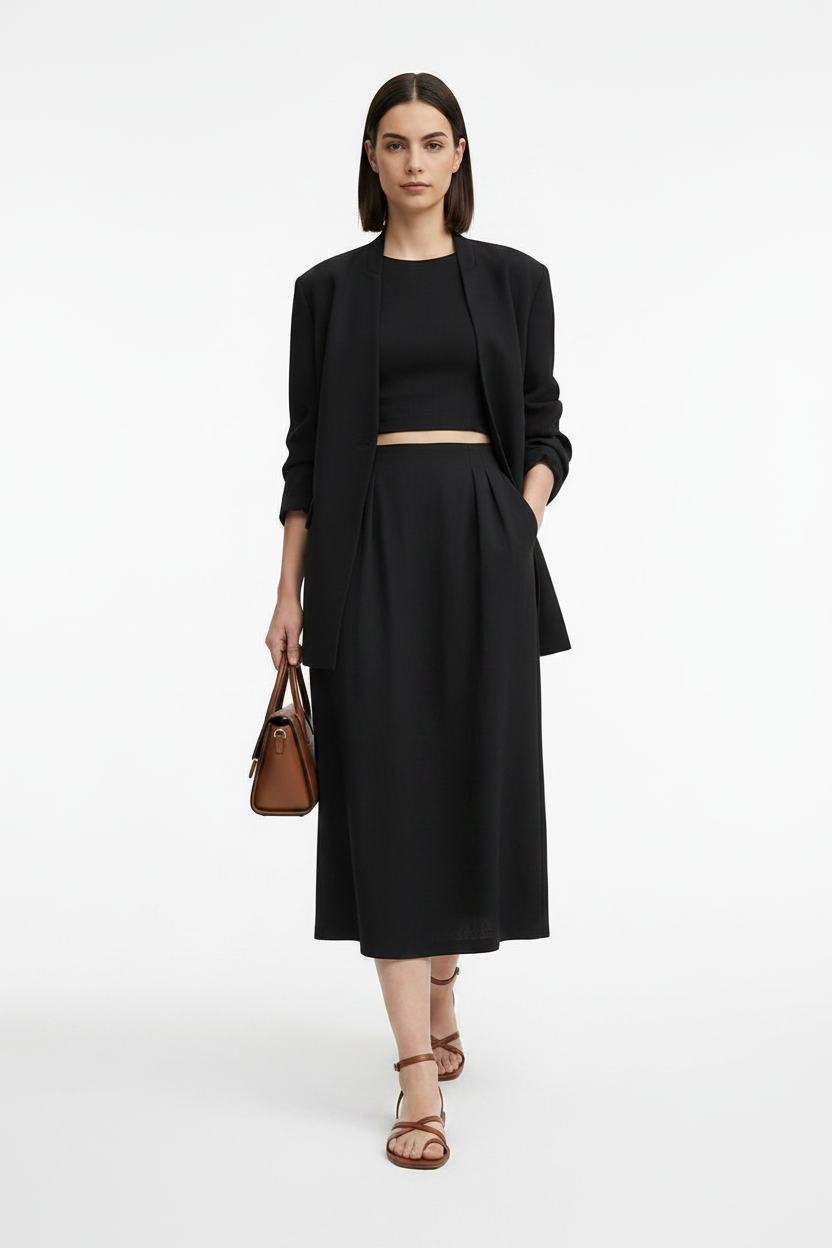 Woman wearing a black outfit with a jacket, top, and skirt on a white background
