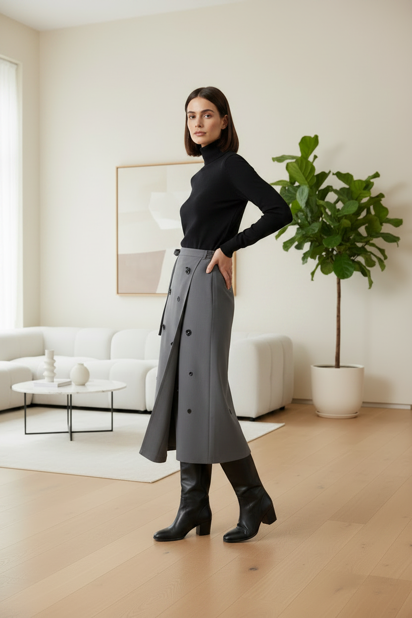 Woman in a black turtleneck and gray skirt standing in a modern living room.