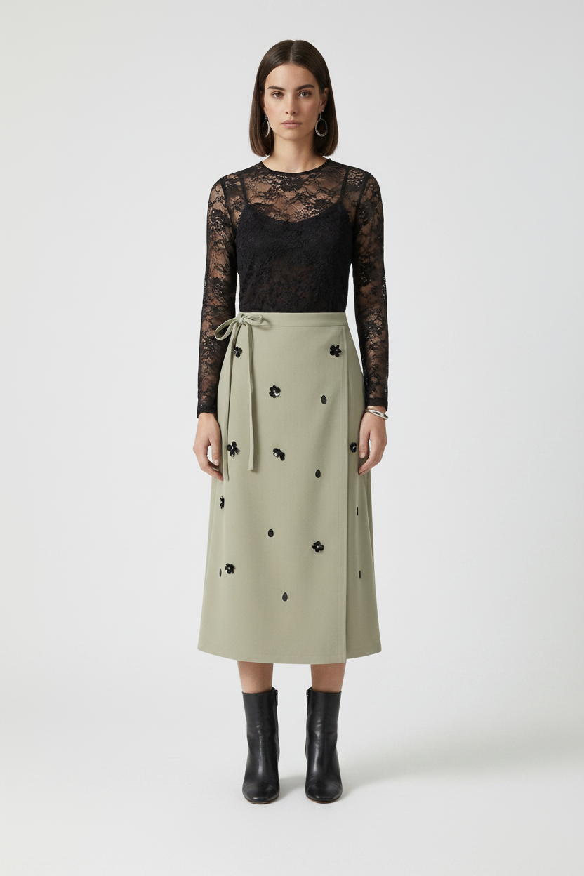 Woman wearing a black lace top and beige skirt with black embellishments on a white background