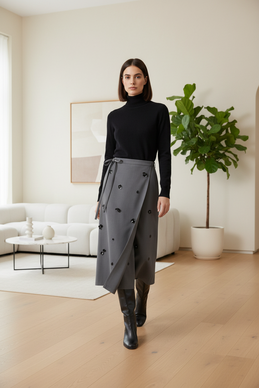 Woman in a black turtleneck and gray skirt standing in a modern living room.
