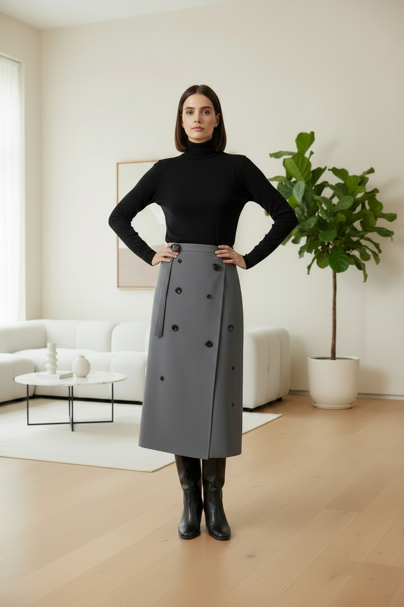 Woman in a black turtleneck and gray skirt standing in a modern living room.