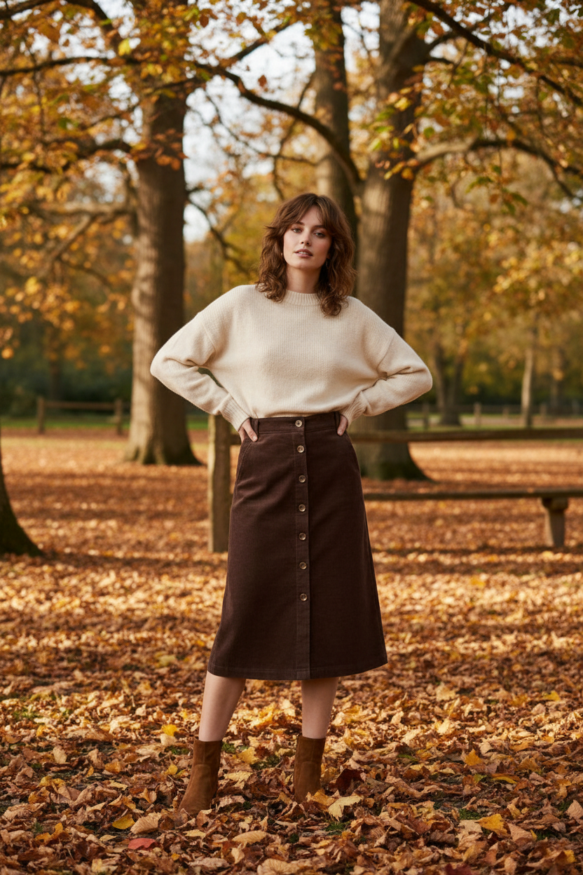 Woman standing in a park with autumn leaves and trees