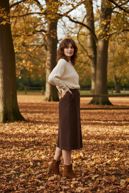 Woman standing in a park with autumn leaves and trees