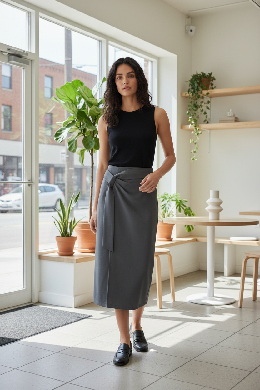 Woman standing in a modern cafe with large windows and plants.