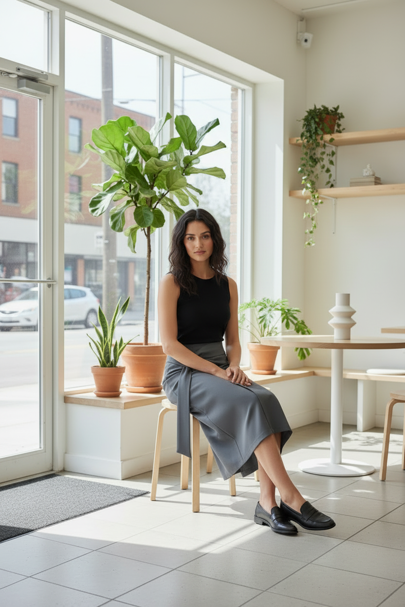Woman sitting in a modern cafe with large windows and plants.