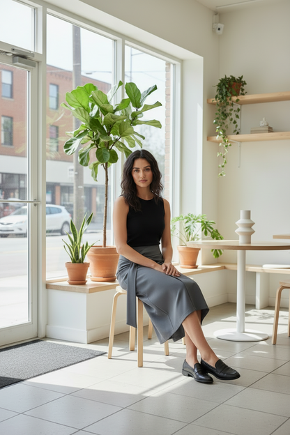 Woman sitting in a modern cafe with large windows and plants.