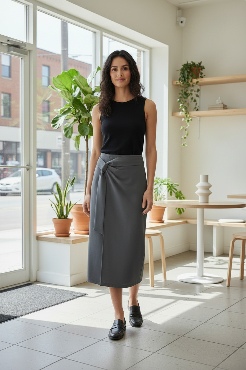 Woman standing in a modern cafe with large windows and plants.