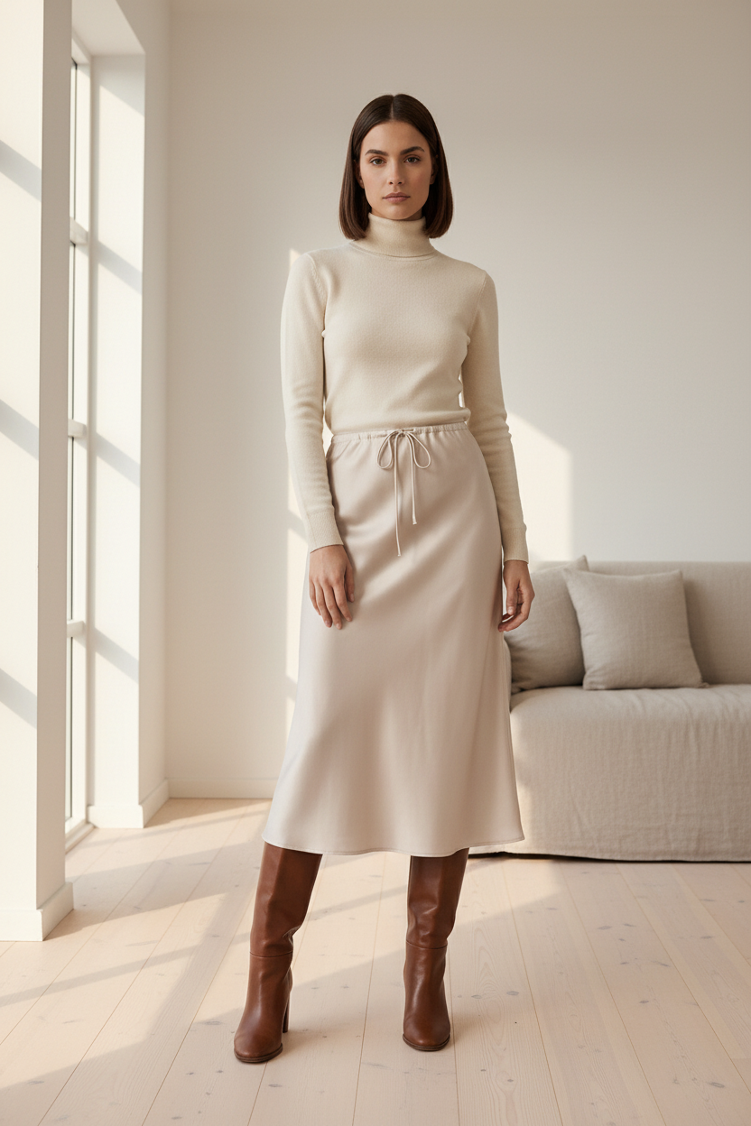 Woman wearing a cream sweater and skirt with brown boots in a bright room.