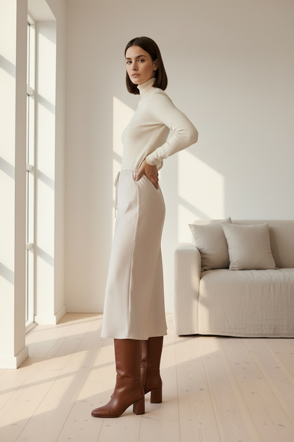 Woman in a white outfit standing in a bright room with large windows.