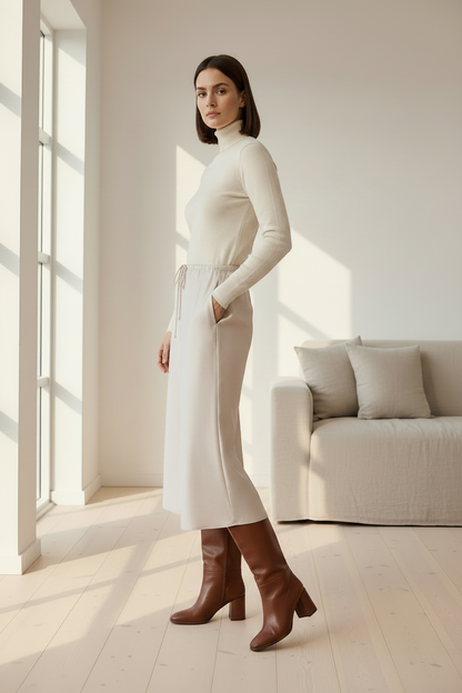 Woman in a white outfit with brown boots standing in a bright room with a couch.