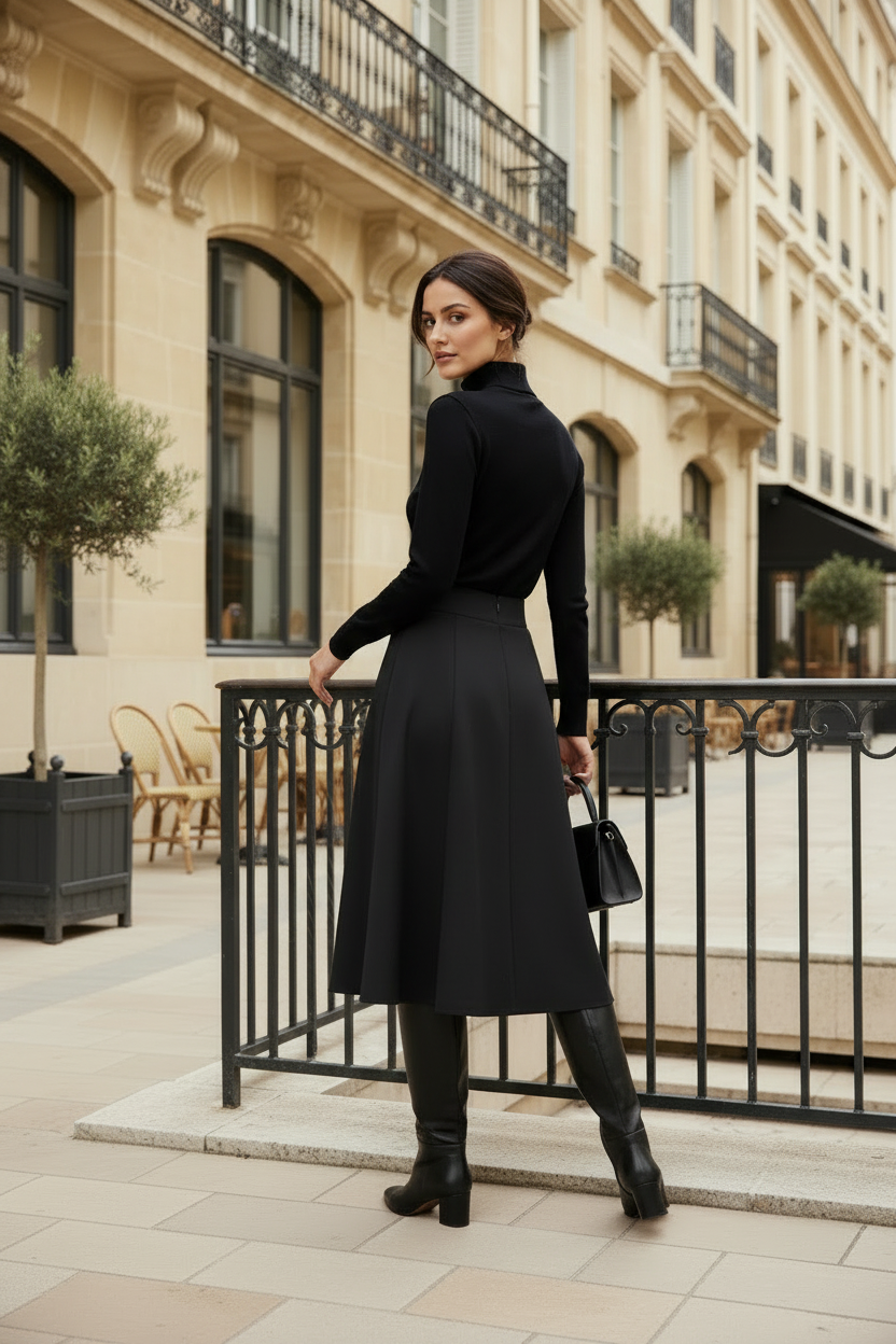Woman in a black outfit standing on a city street with classical architecture.