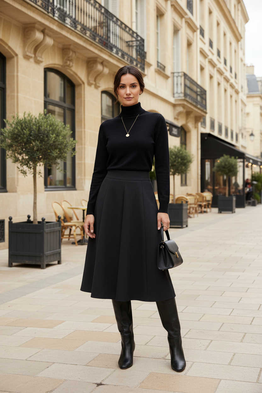 Woman in a black outfit standing on a city street with classical architecture.
