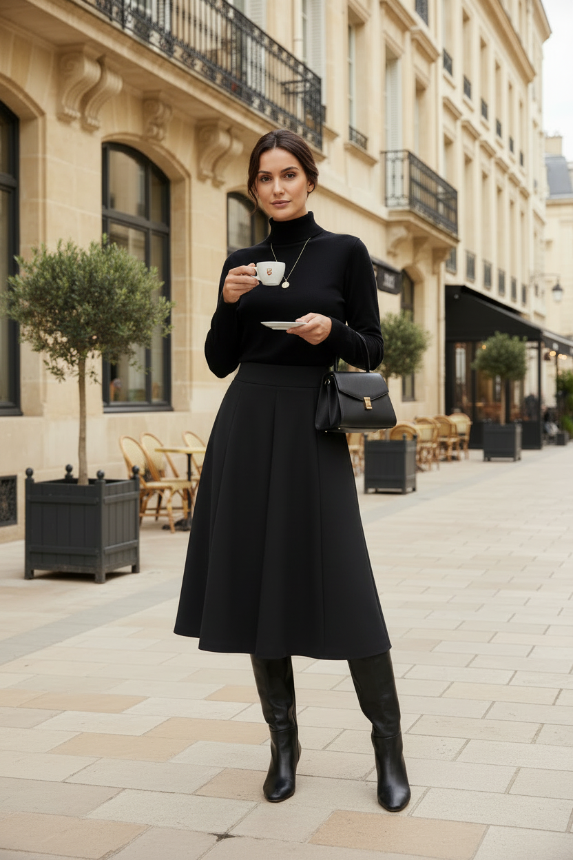 Woman in a black outfit holding a coffee cup on a city street.