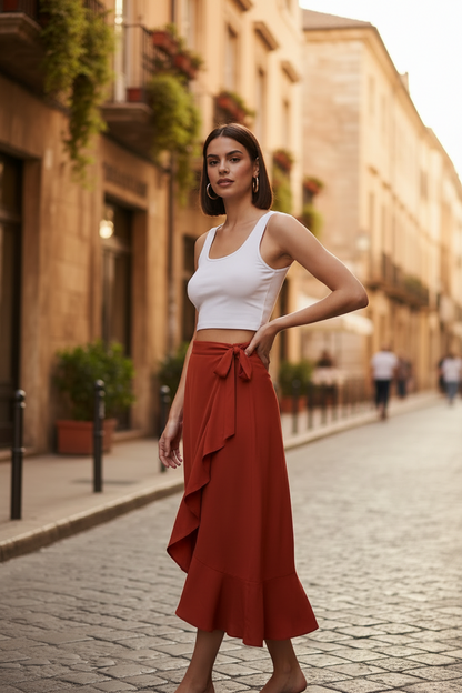 Woman in a white top and red skirt standing on a street with buildings in the background