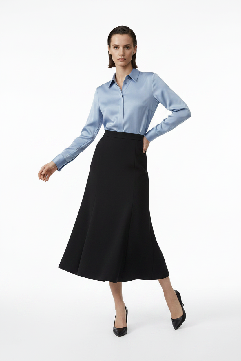 Woman wearing a light blue shirt and black skirt on a white background