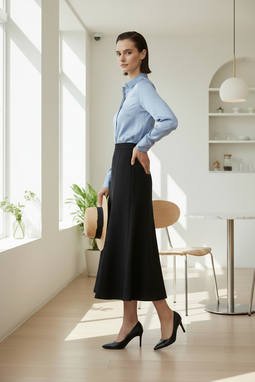 Woman in a light blue shirt and black skirt standing in a bright room with large windows.