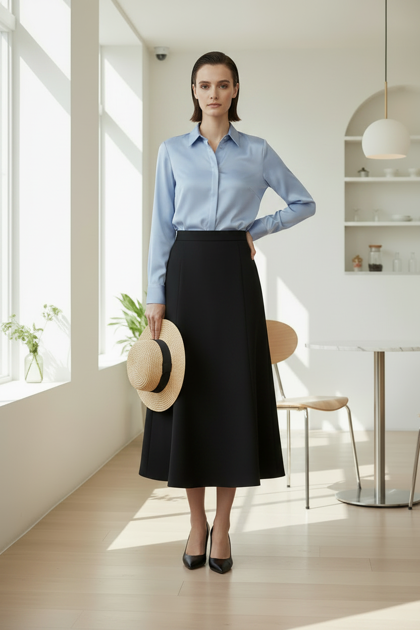 Woman in a light blue shirt and black skirt standing in a bright room with large windows.