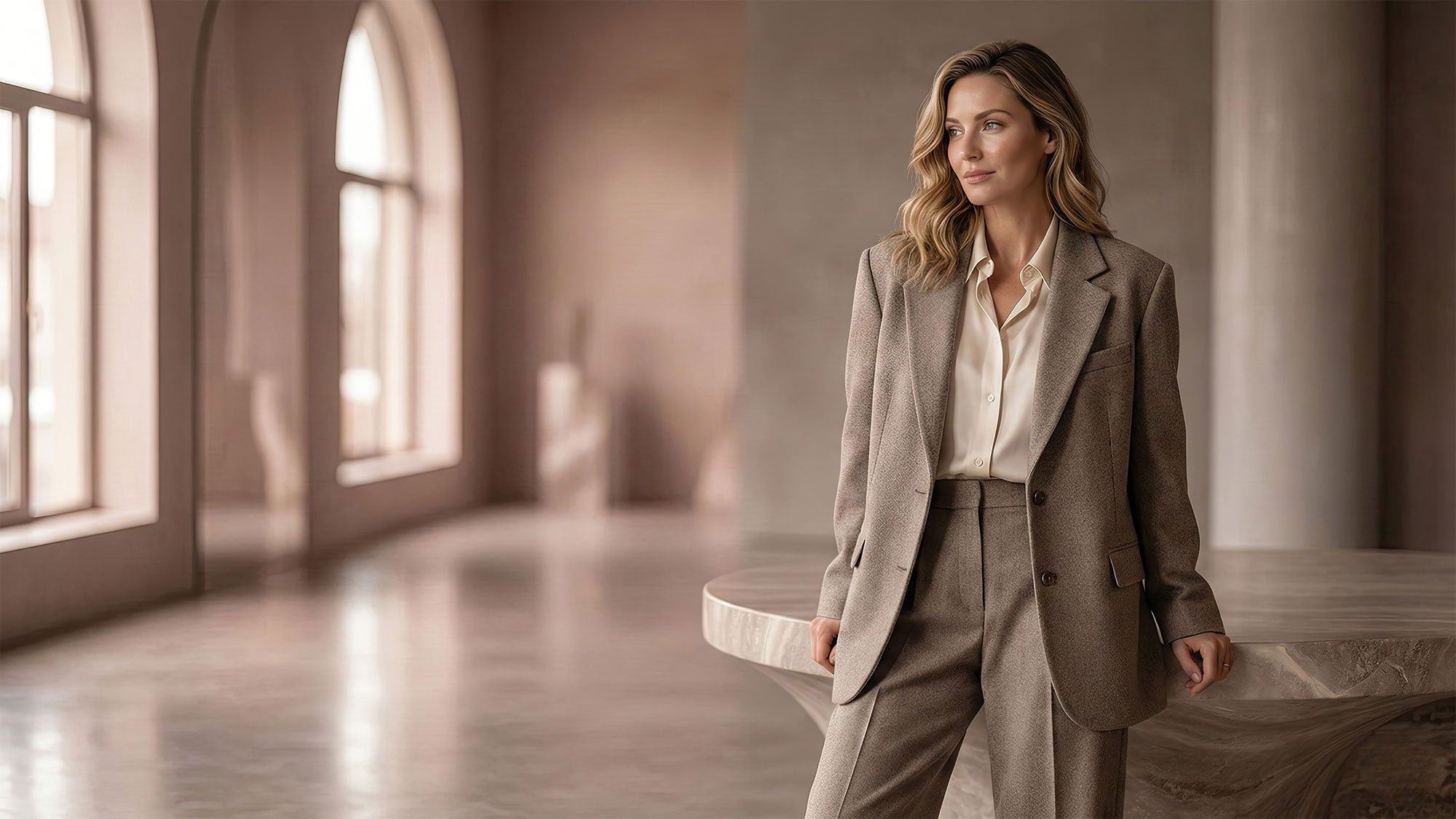 Woman in a stylish outfit standing in a large, sunlit room with architectural columns.