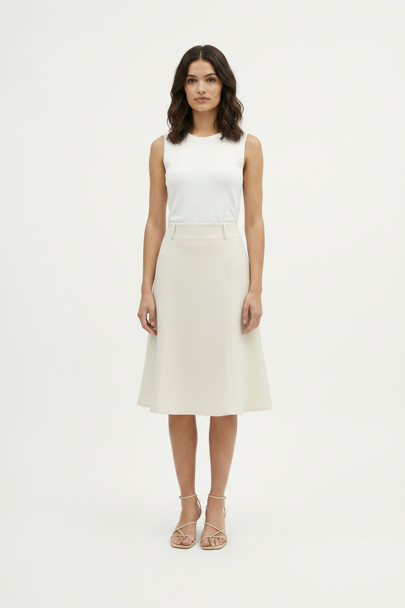 Woman wearing a white sleeveless top and beige skirt on a white background