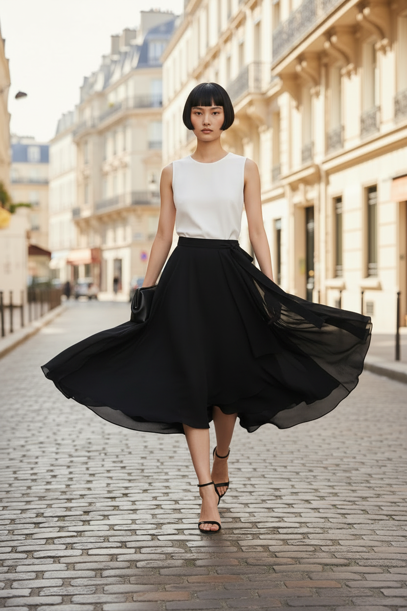 Woman in a white top and black flowing skirt walking on a street with buildings in the background