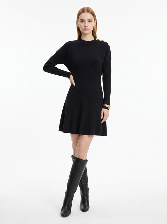 LadyLuxury | Parisian Military Knit Mini Dress with Gold Button Accents