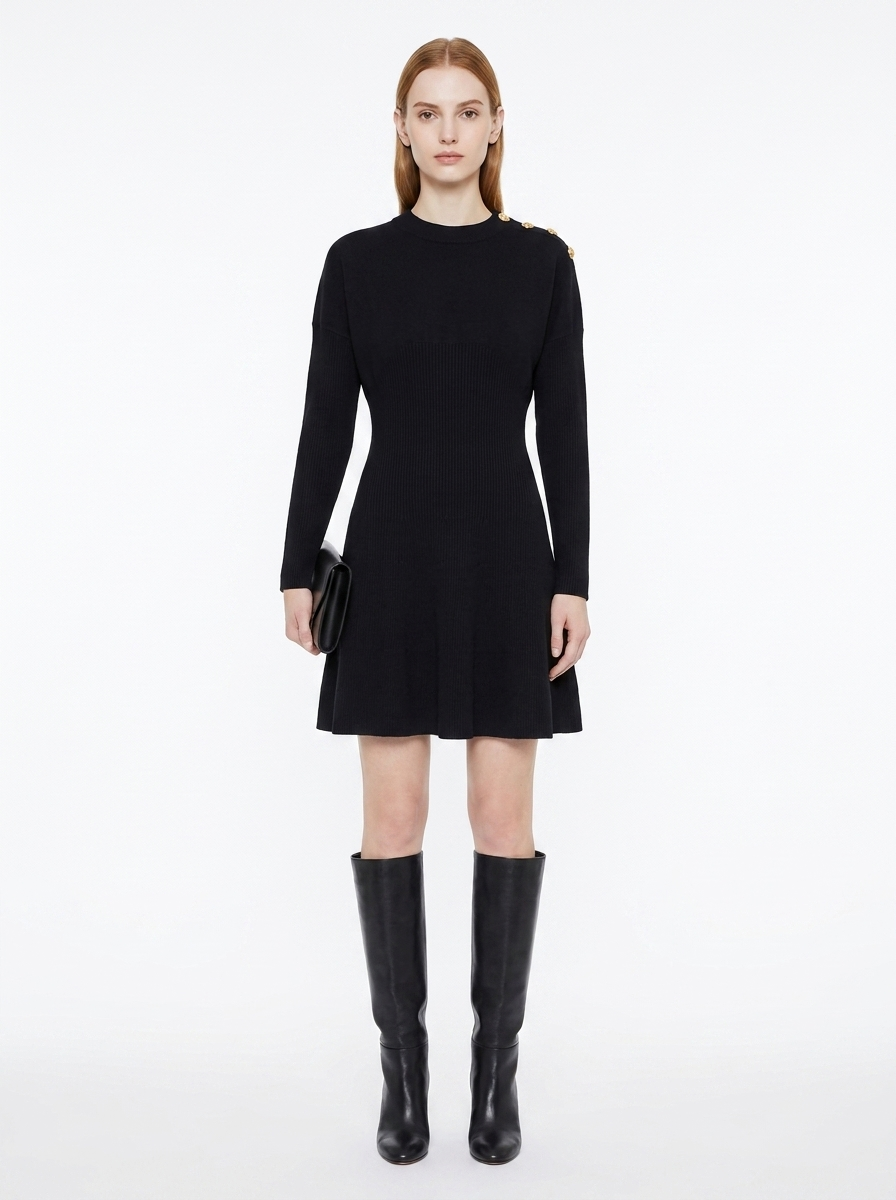 LadyLuxury | Parisian Military Knit Mini Dress with Gold Button Accents
