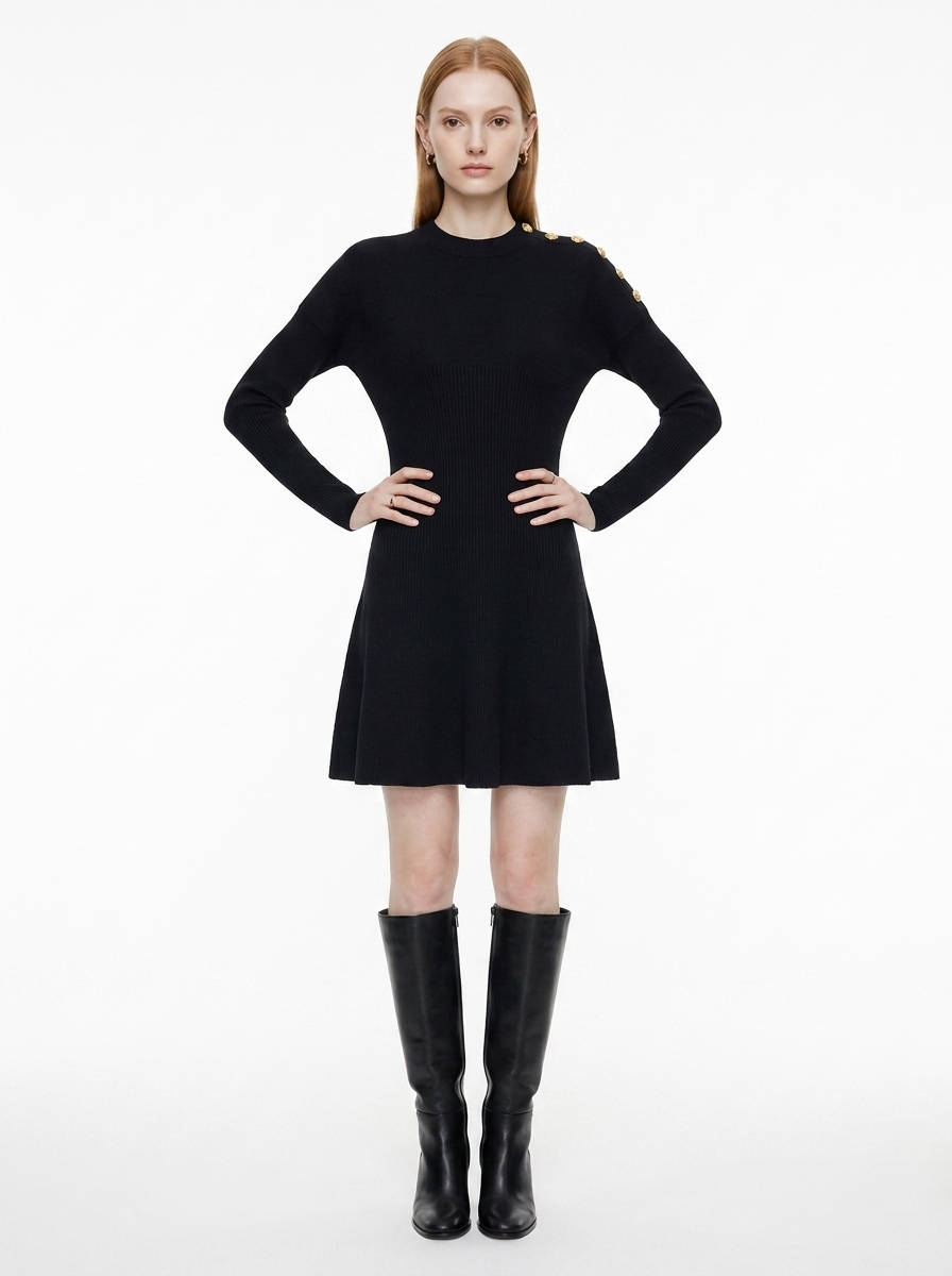 LadyLuxury | Parisian Military Knit Mini Dress with Gold Button Accents