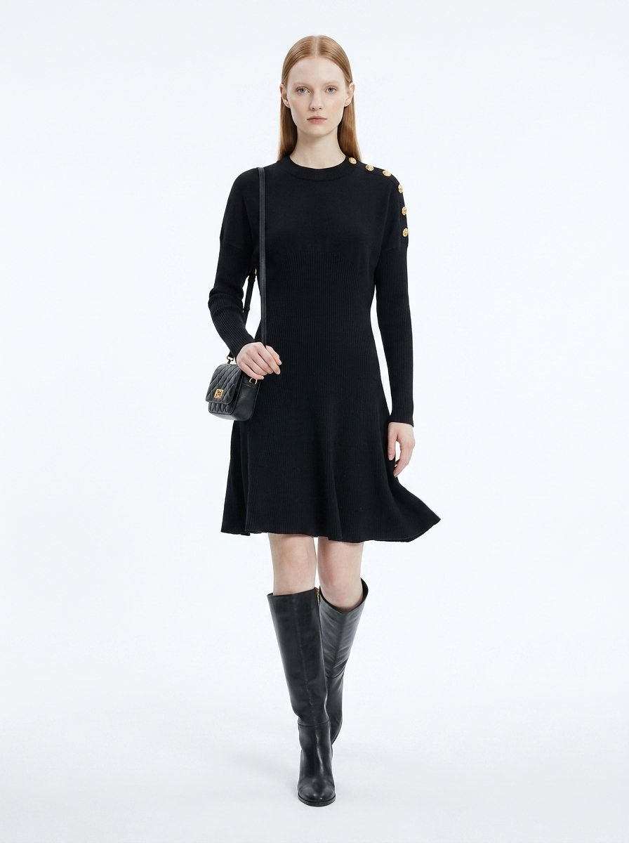 LadyLuxury | Parisian Military Knit Mini Dress with Gold Button Accents
