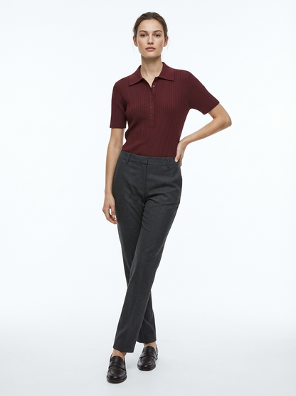 LadyLuxury | Slim Fit Ribbed Knit Polo Shirt - Classic Preppy Short Sleeve Top