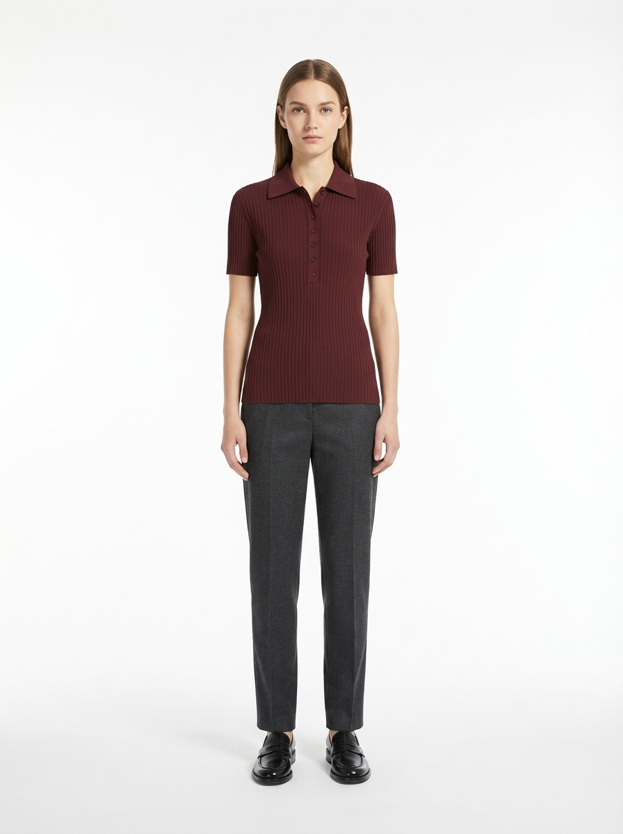 LadyLuxury | Slim Fit Ribbed Knit Polo Shirt - Classic Preppy Short Sleeve Top