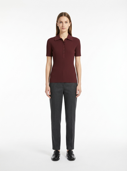 LadyLuxury | Slim Fit Ribbed Knit Polo Shirt - Classic Preppy Short Sleeve Top