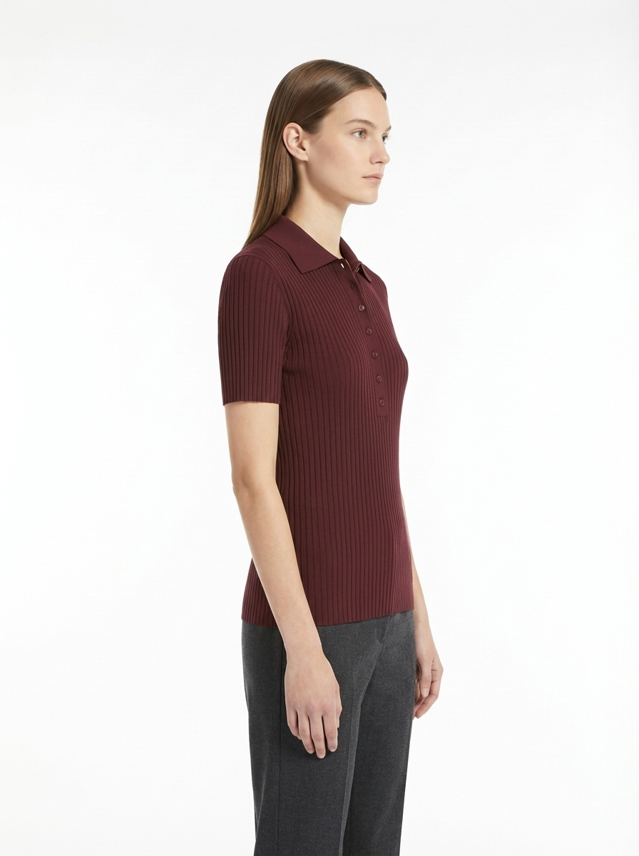 LadyLuxury | Slim Fit Ribbed Knit Polo Shirt - Classic Preppy Short Sleeve Top