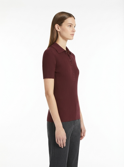 LadyLuxury | Slim Fit Ribbed Knit Polo Shirt - Classic Preppy Short Sleeve Top
