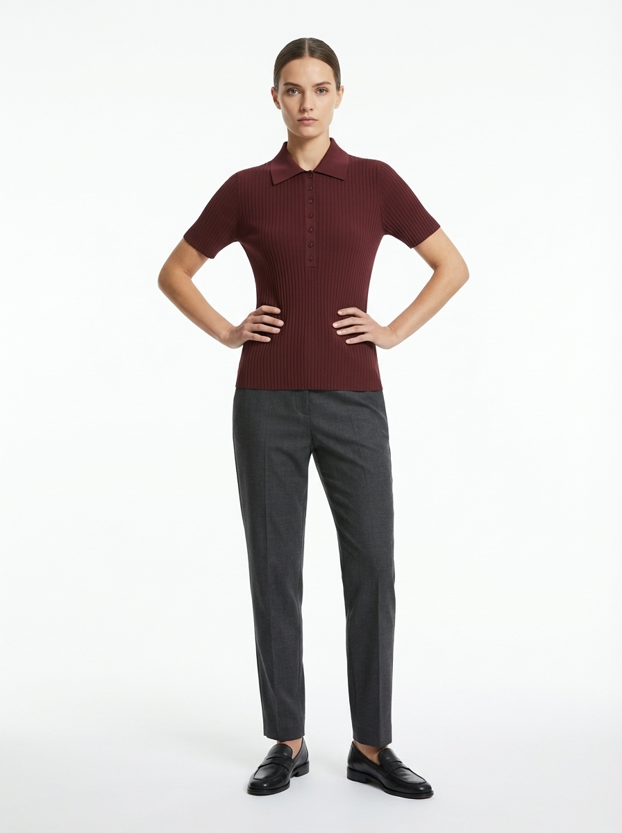 LadyLuxury | Slim Fit Ribbed Knit Polo Shirt - Classic Preppy Short Sleeve Top
